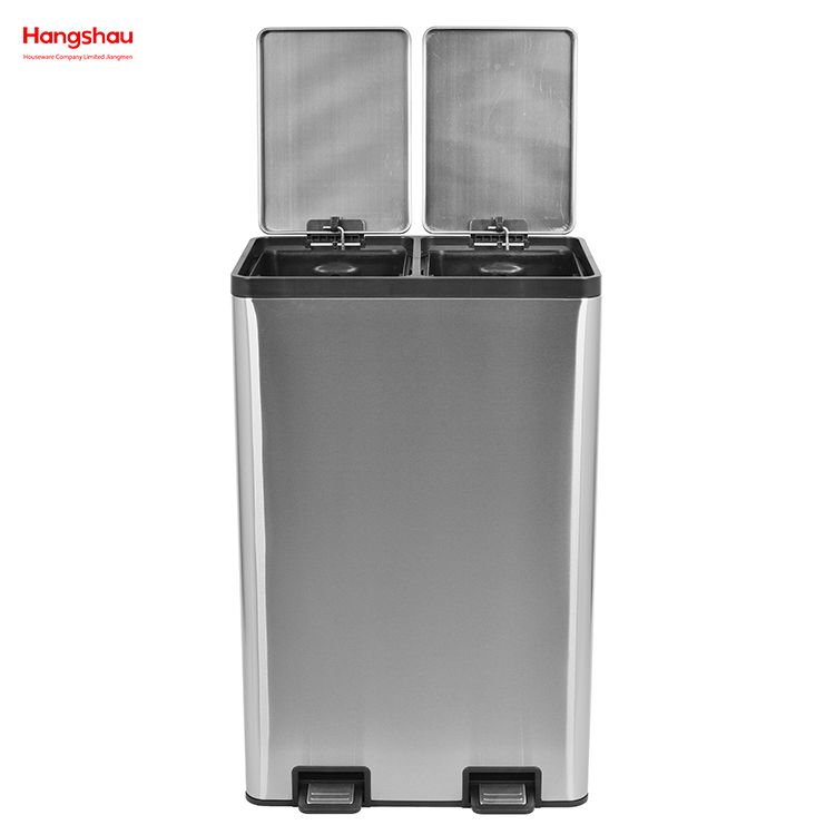 Hangsahu de 60 litros / 16 galones Rectangular manos libres de doble compartimento reciclaje de basura de basura de basura de cocina con tapa de cierre suave, acero inoxidable cepillado