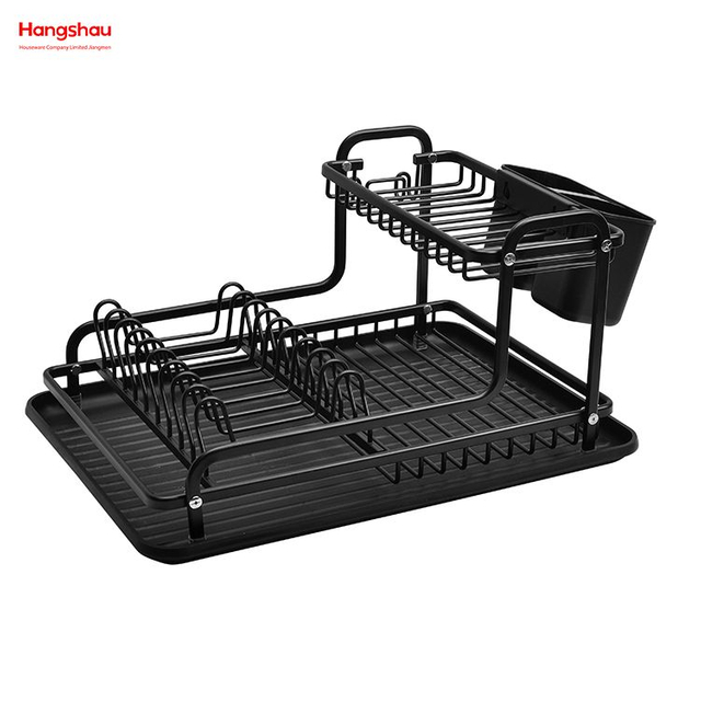 Bandeja de secado de platos de Metal negro, estante de cocina de doble cubierta, soporte de aluminio, estante para platos, portavasos, estante para platos de aleación sobre organizador para fregadero 