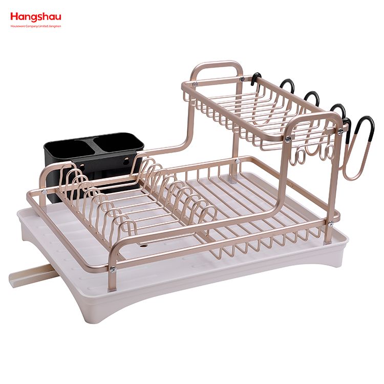Bandeja para platos de secado de metal de doble cubierta, soporte para estante para platos, portavasos, almacenamiento de utensilios de cocina, estante para platos de aleación de aluminio sobre organizador para fregadero