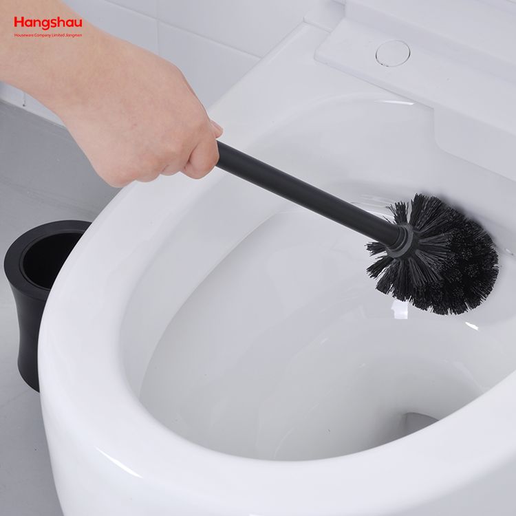 Escobilla de baño de hierro con recubrimiento en polvo negro, soporte para inodoro, juego de limpieza de cepillo de plástico