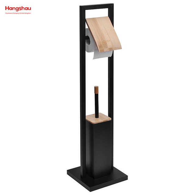 Escobilla de baño y soporte de papel de acero inoxidable independiente de metal con pulverización de laca Portaescobillas de baño de bambú y metal con recubrimiento en polvo 