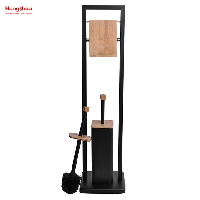 Portaescobillas de baño de bambú y metal con recubrimiento en polvo negro, soporte de papel y escobilla de baño de acero inoxidable con pulverización de laca 