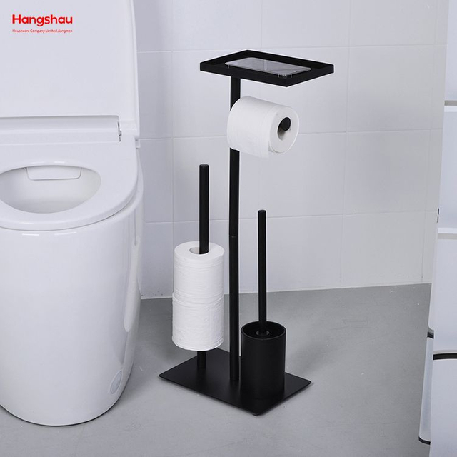Soporte de cepillo de baño de Metal negro, soporte de papel con recubrimiento en polvo con toallero, limpieza de baño, puede sostener teléfono móvil