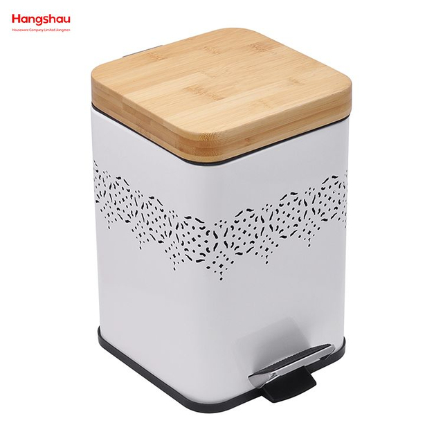 Cubo de basura con pedal cuadrado para el hogar, tapa de bambú de 5L, cubos de basura de bambú para bote de basura interior, bote de basura para baño, cubo de basura de estilo moderno de metal, bote de basura con recubrimiento en polvo