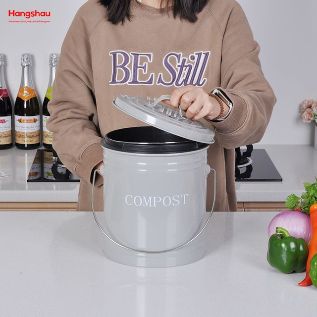 Contenedor de basura compostable para alimentos redondos para cocina del hogar, cubo de basura con asa, tapa abierta para cubo de basura separada del contenedor de Compost