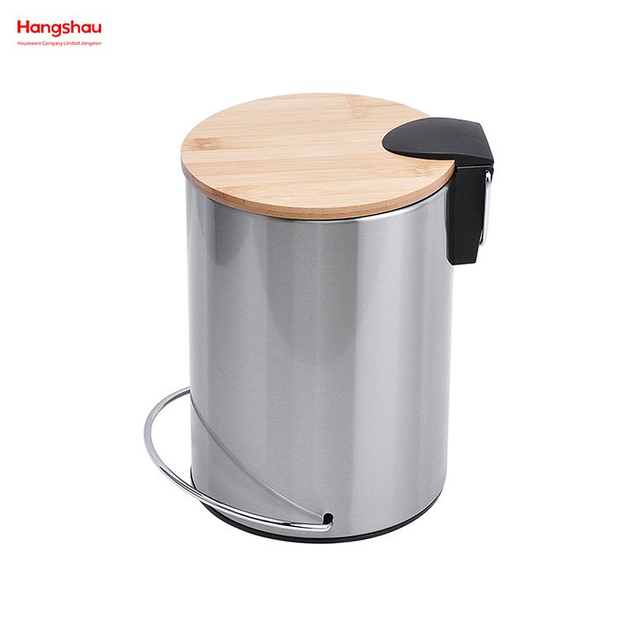 Contenedor de basura con pedal redondo de acero inoxidable de 3L, bote de basura, tapa de bambú, recubrimiento en polvo para bote de basura interior, cubo de basura con pedal a rayas para el hogar Contenedores de basura de bambú 