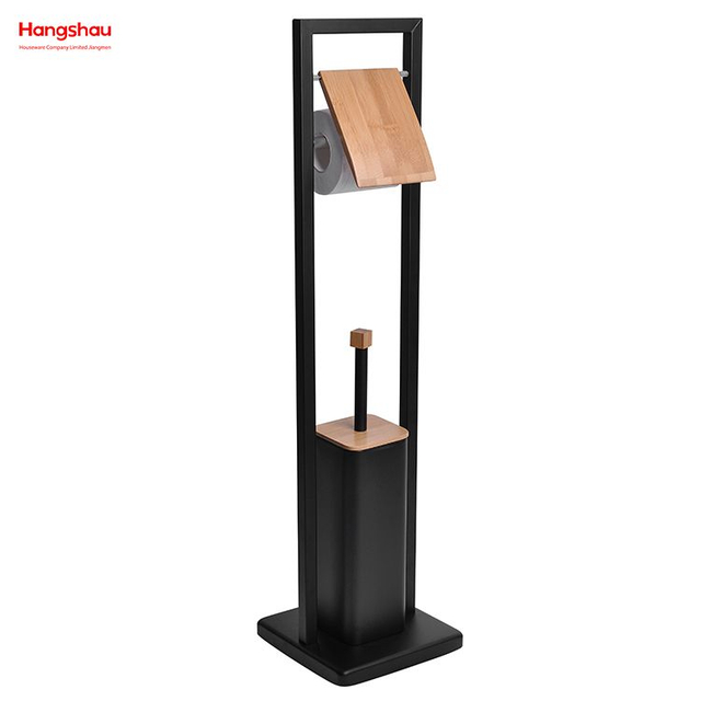 Portaescobillas de baño de bambú y metal con recubrimiento en polvo negro, soporte de papel y escobilla de baño de acero inoxidable con pulverización de laca 