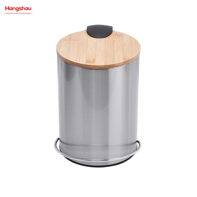 Contenedor de basura con pedal redondo de acero inoxidable de 3L, bote de basura, tapa de bambú, recubrimiento en polvo para bote de basura interior, cubo de basura con pedal a rayas para el hogar Contenedores de basura de bambú 