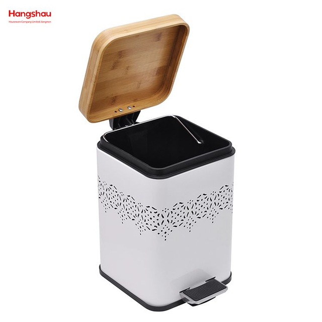 Cubo de basura con pedal cuadrado para el hogar, tapa de bambú de 5L, cubos de basura de bambú para bote de basura interior, bote de basura para baño, cubo de basura de estilo moderno de metal, bote de basura con recubrimiento en polvo