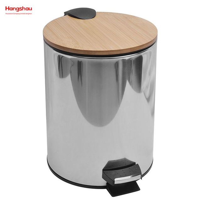 Contenedores de basura de cocina pulidos de bambú de 5L, cubo de basura de acero inoxidable para el hogar y el baño, cubo de basura con Pedal redondo pulido con reflejo de espejo de bambú 
