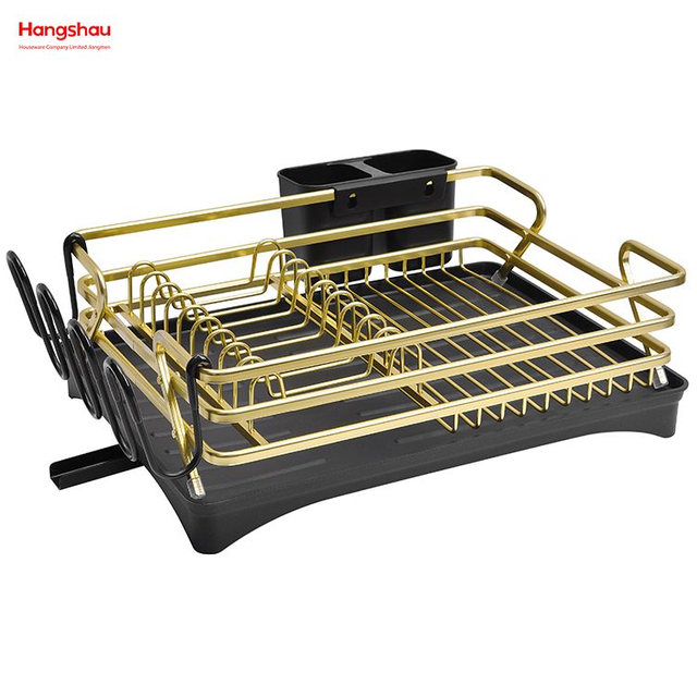 Estante para platos de plástico para secado de metal, soporte de cocina, estante para platos, estante para platos para encimera, portavasos, estante para platos de aleación de aluminio dorado negro sobre organizador para fregadero 