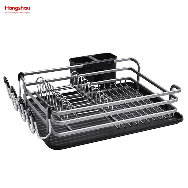 Soporte de cocina Estante para platos Estante para platos para encimera Portavasos Estante para platos de aleación de aluminio negro sobre fregadero Organizador Secado de metal Estante para bandeja de platos de plástico 