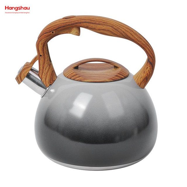 Hervidor de agua de acero inoxidable con pintura con mango de madera de simulación, tetera con silbido para el hogar, tetera de agua caliente 
