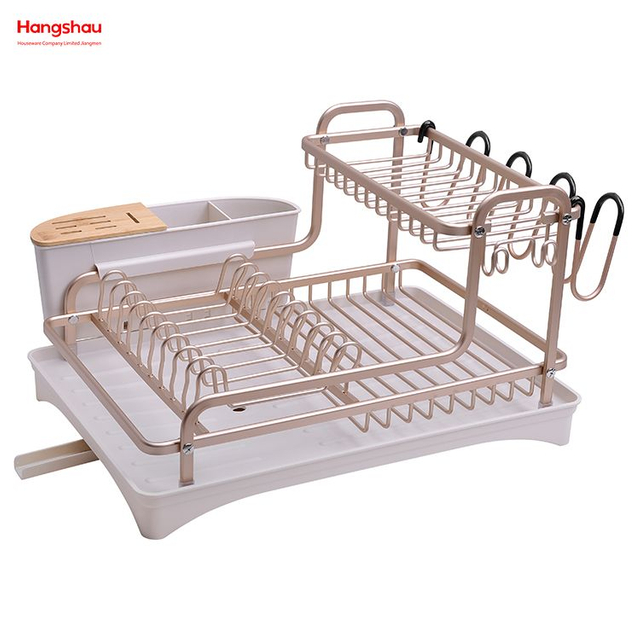 Bandeja para platos de secado de metal de doble cubierta, soporte para estante para platos, portavasos, almacenamiento de utensilios de cocina, estante para platos de aleación de aluminio sobre organizador para fregadero
