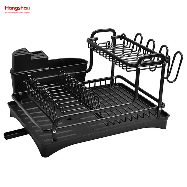 Almacenamiento de utensilios de cocina negro Estante para platos de aleación de aluminio sobre el fregadero Organizador Soporte Estante para platos Portavasos Estante para bandeja de platos de secado de metal de doble cubierta 