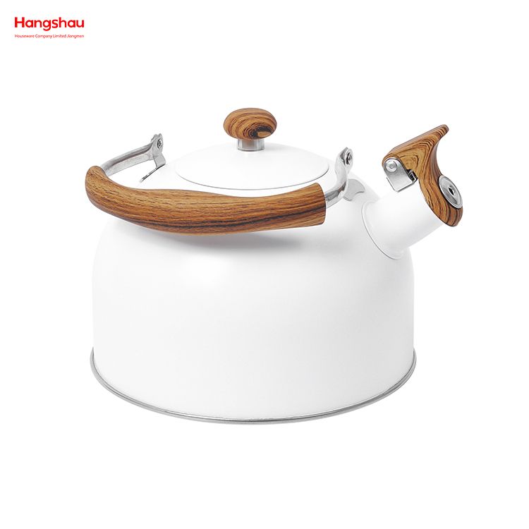 Tetera de té blanquecino, tetera con silbido para el hogar, tetera de agua caliente, simulación de mango de madera, pintura, tetera de agua de acero inoxidable