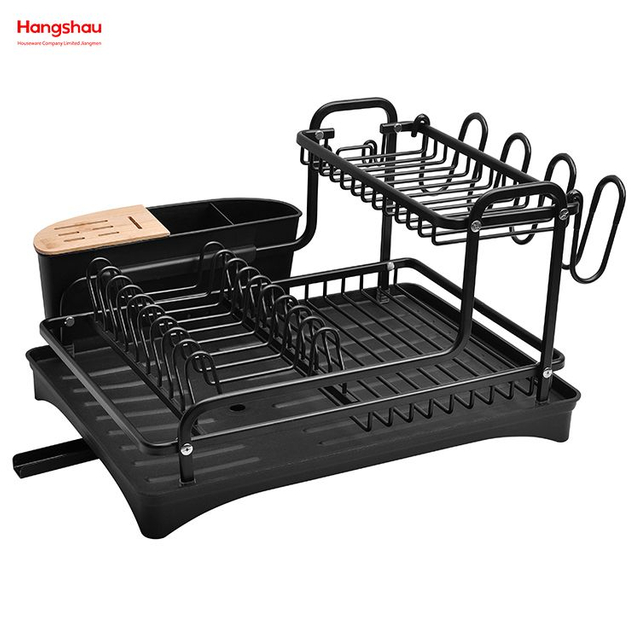 Almacenamiento de utensilios de cocina negro Estante para platos de aleación de aluminio sobre el fregadero Organizador Soporte Estante para platos Portavasos Estante para bandeja de platos de secado de metal de doble cubierta 