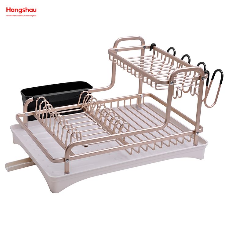 Bandeja para platos de secado de metal de doble cubierta, soporte para estante para platos, portavasos, almacenamiento de utensilios de cocina, estante para platos de aleación de aluminio sobre organizador para fregadero