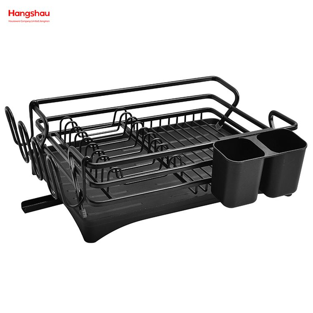 Soporte con recubrimiento de polvo negro Estante para platos Estante para platos para encimera Portavasos Estante para platos de aleación de aluminio sobre fregadero Organizador Secado de metal Bandeja para platos de plástico Estante Cocina 