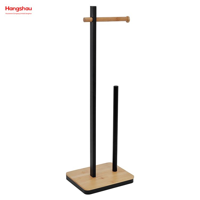 Soporte para toallas de papel higiénico independiente, dispensador de rollos de papel de soporte desmontable Vertical con productos compuestos de bambú y Metal
