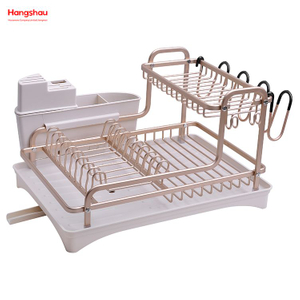Bandeja para platos de secado de metal de doble cubierta, soporte para estante para platos, portavasos, almacenamiento de utensilios de cocina, estante para platos de aleación de aluminio sobre organizador para fregadero