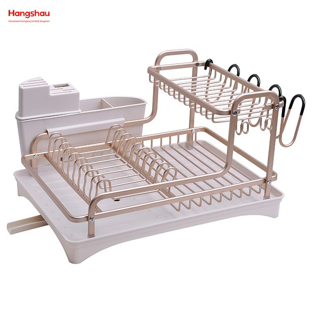 Bandeja para platos de secado de metal de doble cubierta, soporte para estante para platos, portavasos, almacenamiento de utensilios de cocina, estante para platos de aleación de aluminio sobre organizador para fregadero