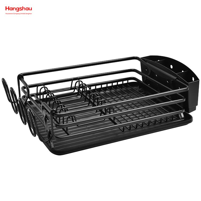 Estante para platos de aleación de aluminio con recubrimiento en polvo negro, organizador sobre fregadero, bandeja para platos de plástico para secado de metal, soporte para cocina, estante para platos, estante para platos para encimera, portavasos 