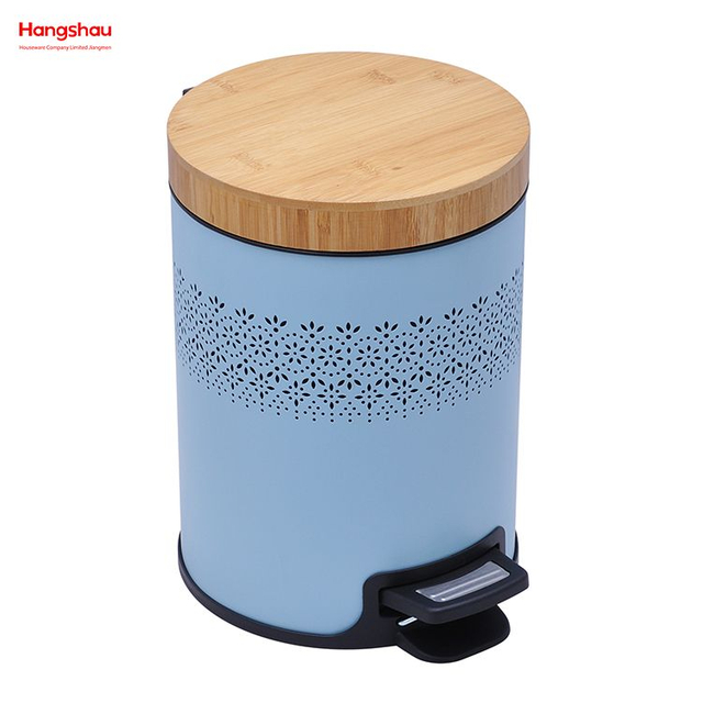 Contenedor de basura con pedal para el hogar con recubrimiento en polvo de 5L Contenedores de basura de bambú para bote de basura interior Bote de basura para baño Bote de basura de estilo moderno de metal Bote de basura Tapa de bambú