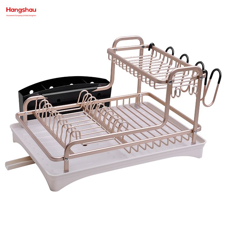Bandeja para platos de secado de metal de doble cubierta, soporte para estante para platos, portavasos, almacenamiento de utensilios de cocina, estante para platos de aleación de aluminio sobre organizador para fregadero