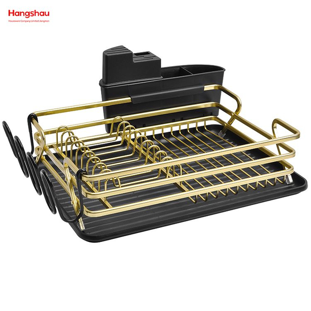 Estante para platos de aleación de aluminio dorado negro sobre fregadero Organizador Secado de metal Bandeja para platos de plástico Estante Soporte de cocina Estante para platos Encimera Estante para platos Portavasos 
