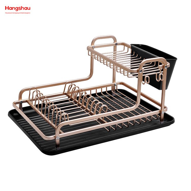 Almacenamiento de utensilios de cocina Estante para platos de aleación de aluminio sobre el organizador del fregadero Bandeja para platos de secado de metal de doble cubierta Soporte para estante Estante para platos Portavasos 